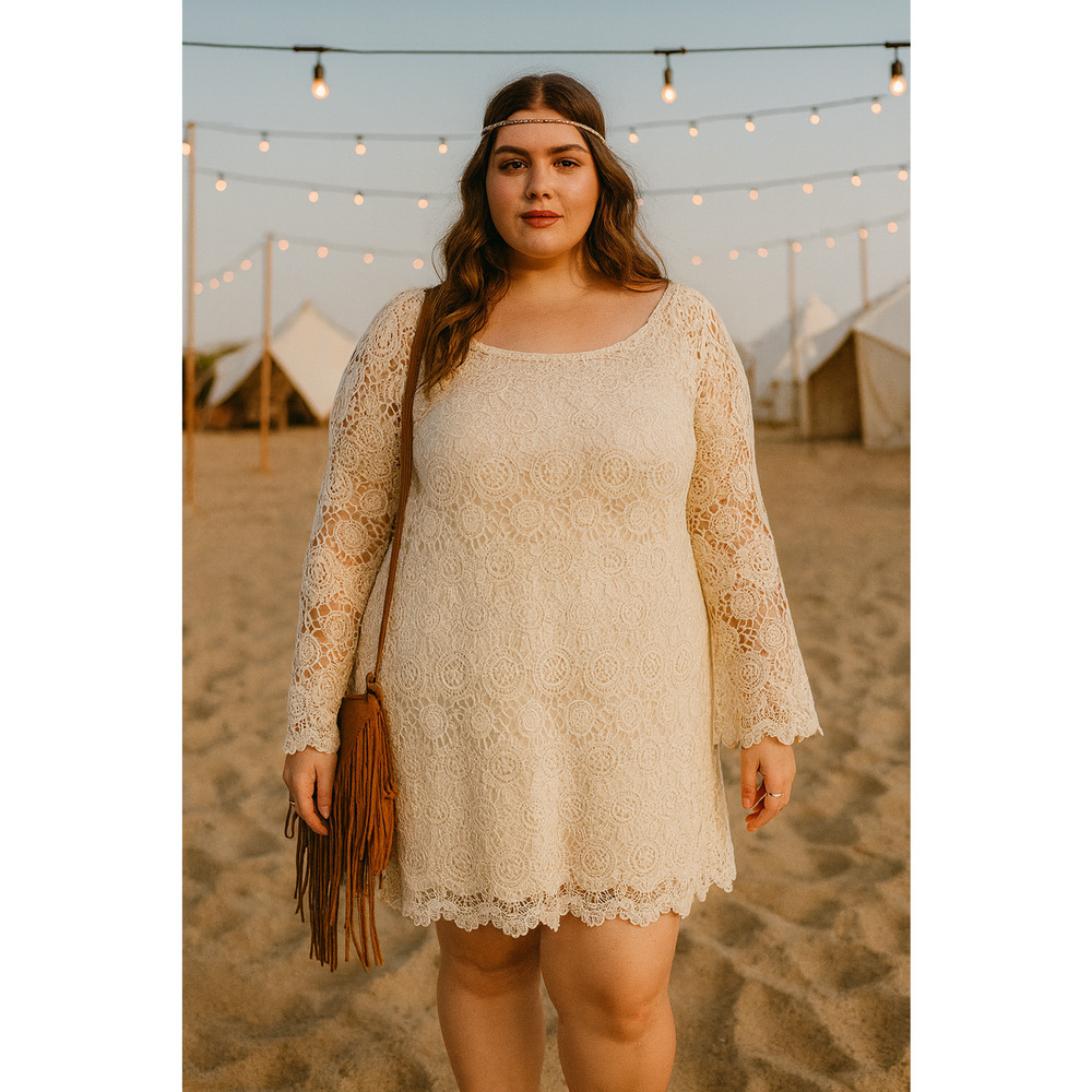 American Eagle Women Dress Large Ivory Bell Sleeve Boho Festival Crochet Cowgirl - Picture 1 of 8